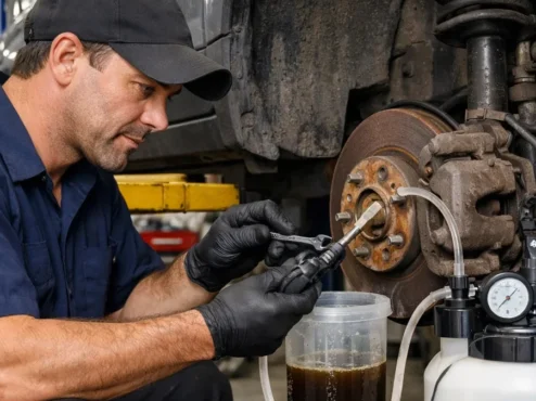 Mecânico realizando a sangria do sistema de freios de um carro para substituição total do fluido contaminado.