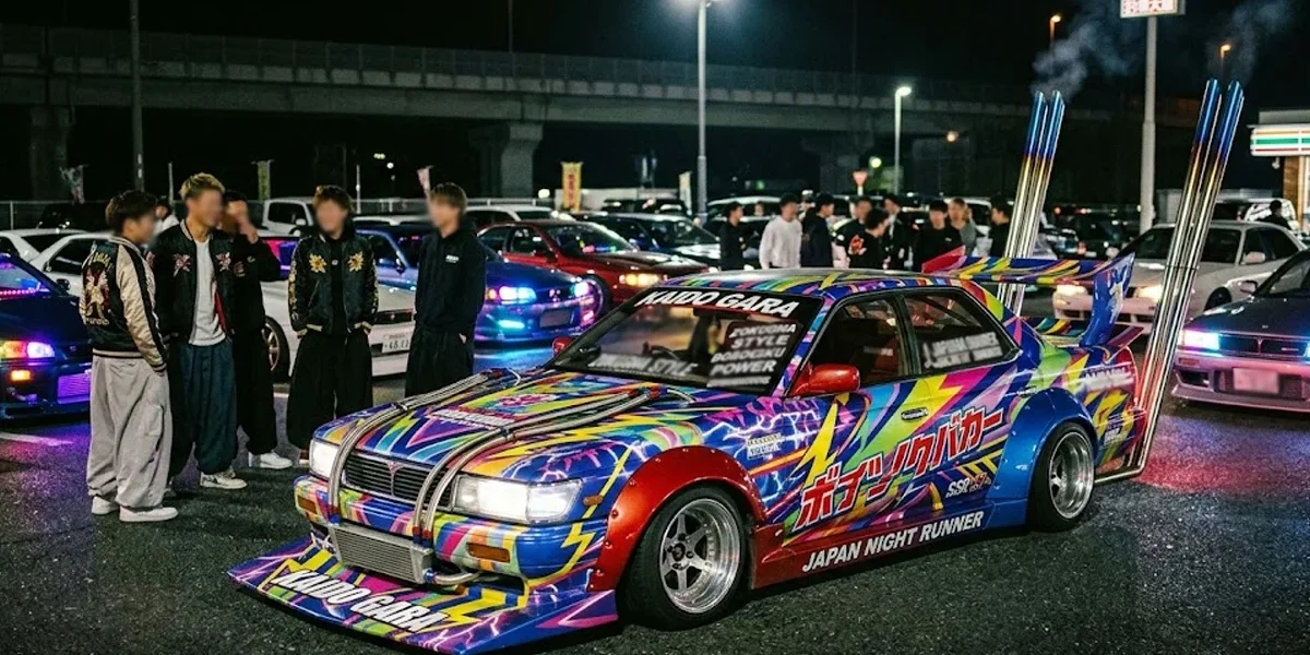 Um carro estilo Kaido Racer japonês com escapamentos Takeyari altos e pintura colorida em um encontro noturno no Japão.
