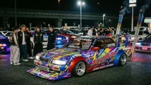 Um carro estilo Kaido Racer japonês com escapamentos Takeyari altos e pintura colorida em um encontro noturno no Japão.