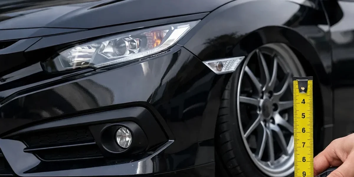 Carro rebaixado passando por medição de altura de 10 centímetros com fita métrica para legalização no DETRAN.