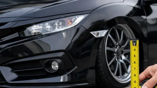 Carro rebaixado passando por medição de altura de 10 centímetros com fita métrica para legalização no DETRAN.