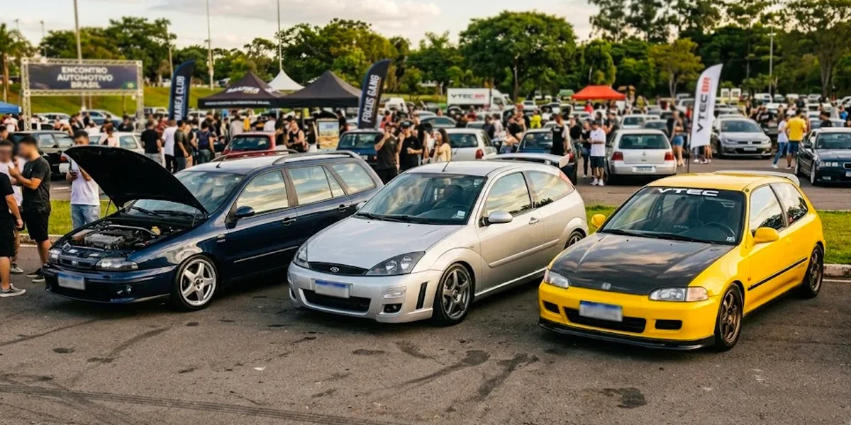 carros icônicos como Fiat Marea, Ford Focus MK1 e Honda Civic VTi em um encontro de entusiastas.