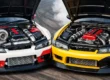 Comparação visual entre um motor turbo de alta performance e um motor aspirado linear em um carro de drift na pista.