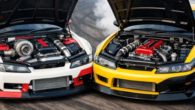 comparativo-motor-turbo-aspirado-drift-iniciante Comparação visual entre um motor turbo de alta performance e um motor aspirado linear em um carro de drift na pista.
