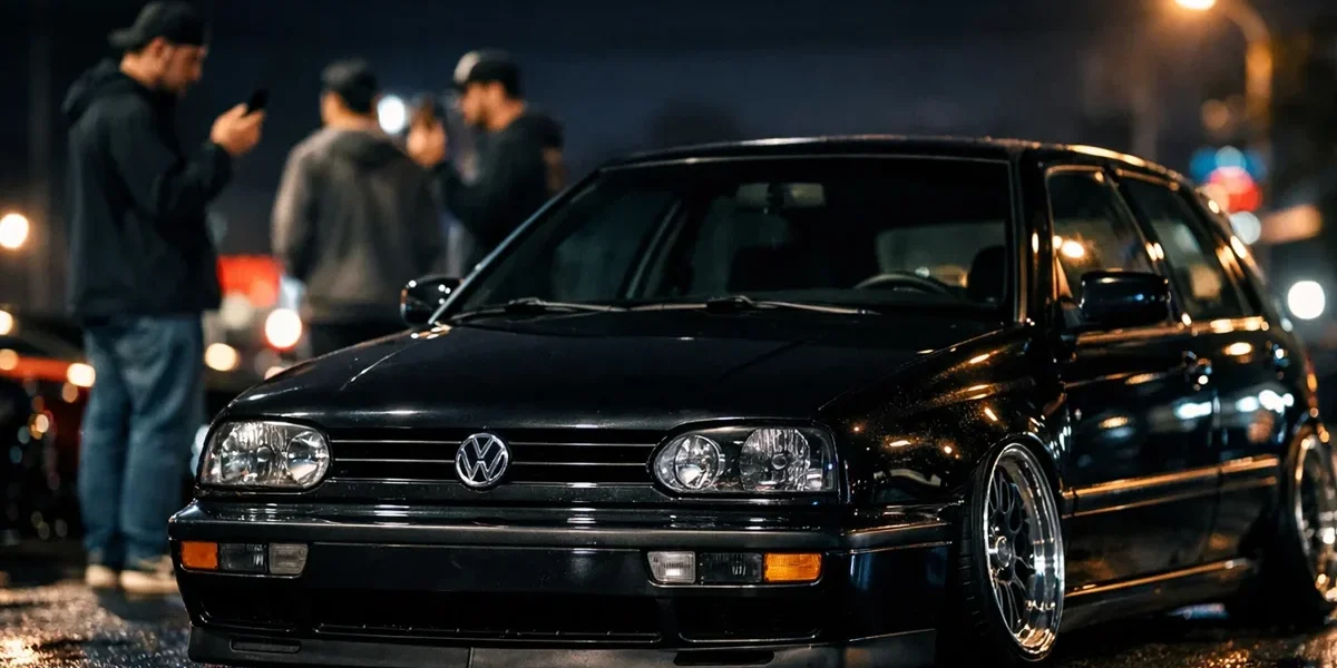 Carro modificado rebaixado em destaque durante um encontro automotivo urbano com pessoas ao fundo capturando fotos.