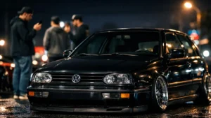 Carro modificado rebaixado em destaque durante um encontro automotivo urbano com pessoas ao fundo capturando fotos.