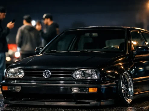 Carro modificado rebaixado em destaque durante um encontro automotivo urbano com pessoas ao fundo capturando fotos.