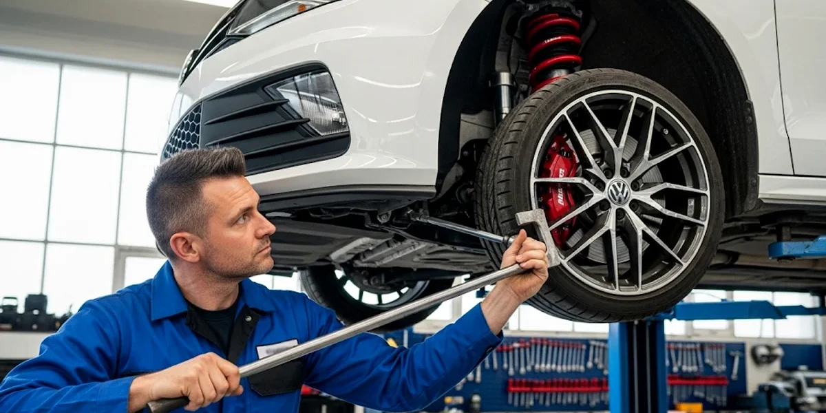 diagnostico-vibracao-volante-suspensao-automotiva Mecânico realizando inspeção técnica em buchas de suspensão e terminais de direção de um carro esportivo.