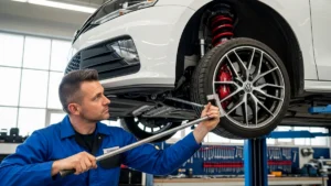 Mecânico realizando inspeção técnica em buchas de suspensão e terminais de direção de um carro esportivo.