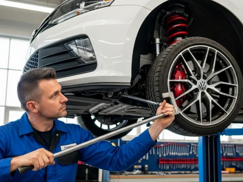 Mecânico realizando inspeção técnica em buchas de suspensão e terminais de direção de um carro esportivo.