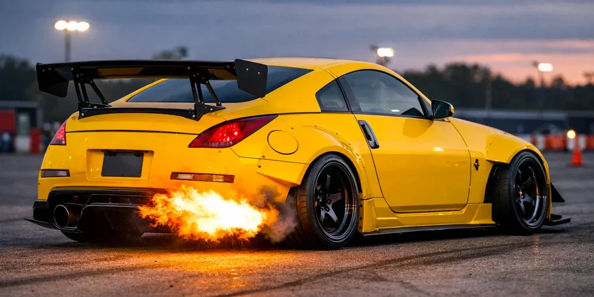 Carro modificado soltando chamas pelo escapamento em teste de anti-lag no dinamômetro para performance.