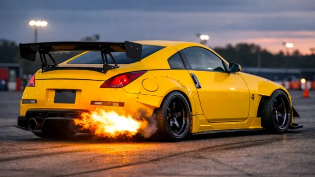 diferenca-pops-and-bangs-anti-lag-escapamento Carro modificado soltando chamas pelo escapamento em teste de anti-lag no dinamômetro para performance.