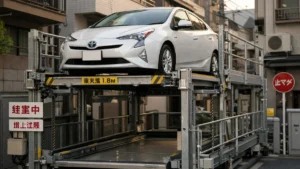 Carro estacionado em vaga mecânica de elevação no Japão, ilustrando a necessidade do certificado Shako Shomeisho em áreas urbanas.