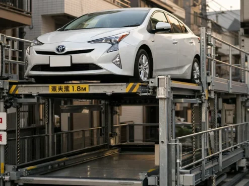 Carro estacionado em vaga mecânica de elevação no Japão, ilustrando a necessidade do certificado Shako Shomeisho em áreas urbanas.