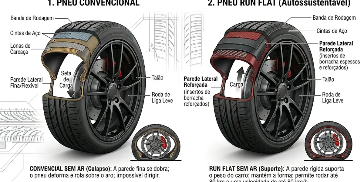 Diagrama técnico mostrando o reforço da parede lateral de um pneu Run Flat comparado a um pneu convencional.