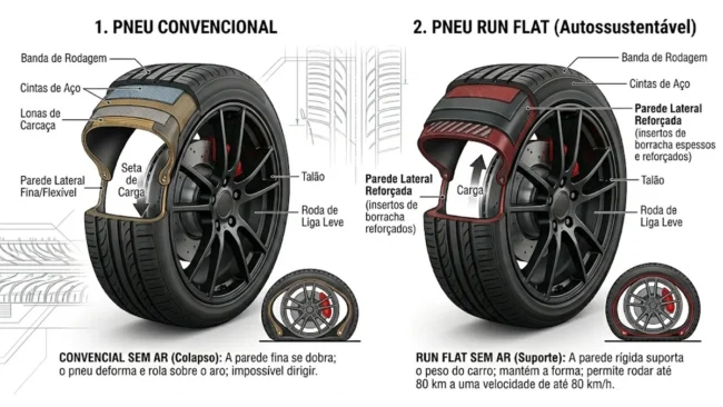 Diagrama técnico mostrando o reforço da parede lateral de um pneu Run Flat comparado a um pneu convencional.