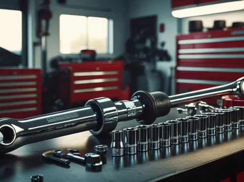 Kit de ferramentas profissionais incluindo torquímetro e soquetes sobre uma bancada de oficina mecânica automotiva.