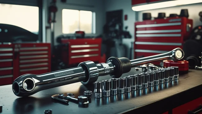 Kit de ferramentas profissionais incluindo torquímetro e soquetes sobre uma bancada de oficina mecânica automotiva.