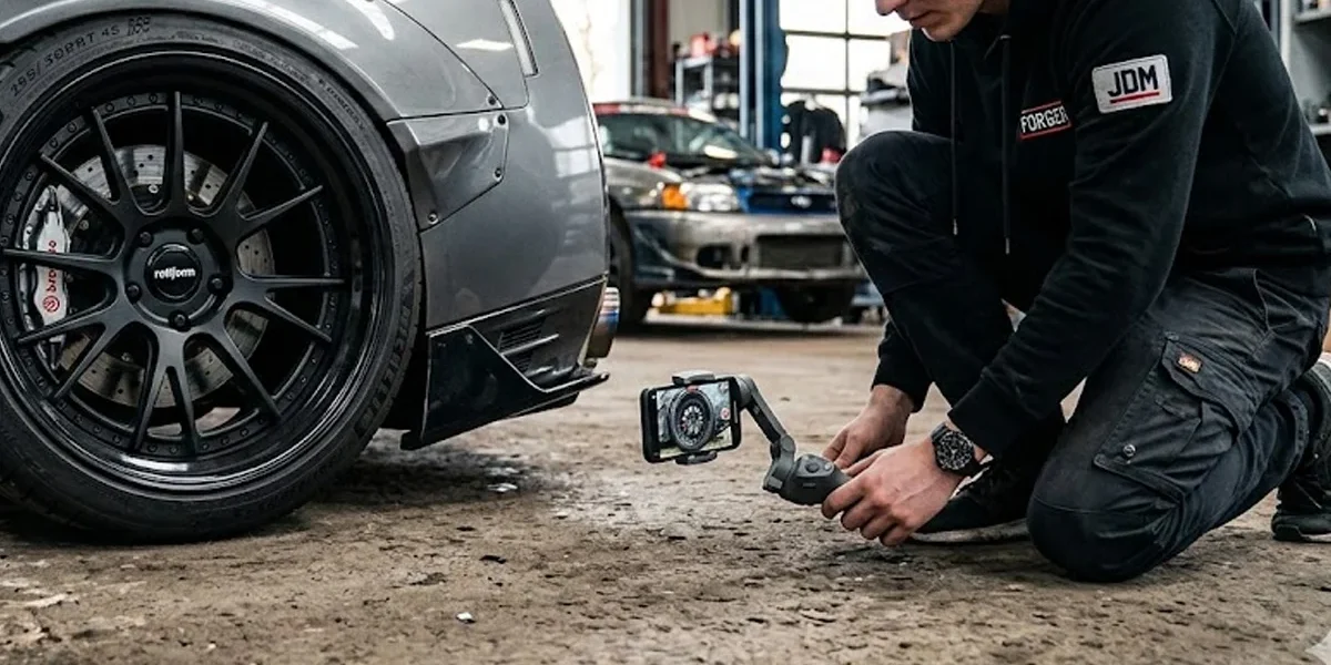 Carro modificado em ângulo baixo (low angle) destacando rodas e suspensão, exemplificando fotografia automotiva com celular.