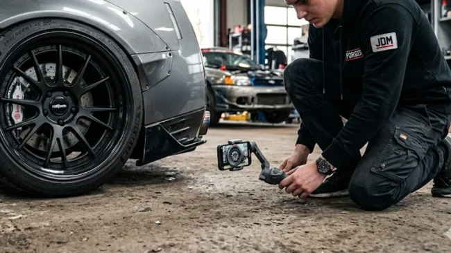 fotografia-automotiva-celular-low-angle-stance Carro modificado em ângulo baixo (low angle) destacando rodas e suspensão, exemplificando fotografia automotiva com celular.