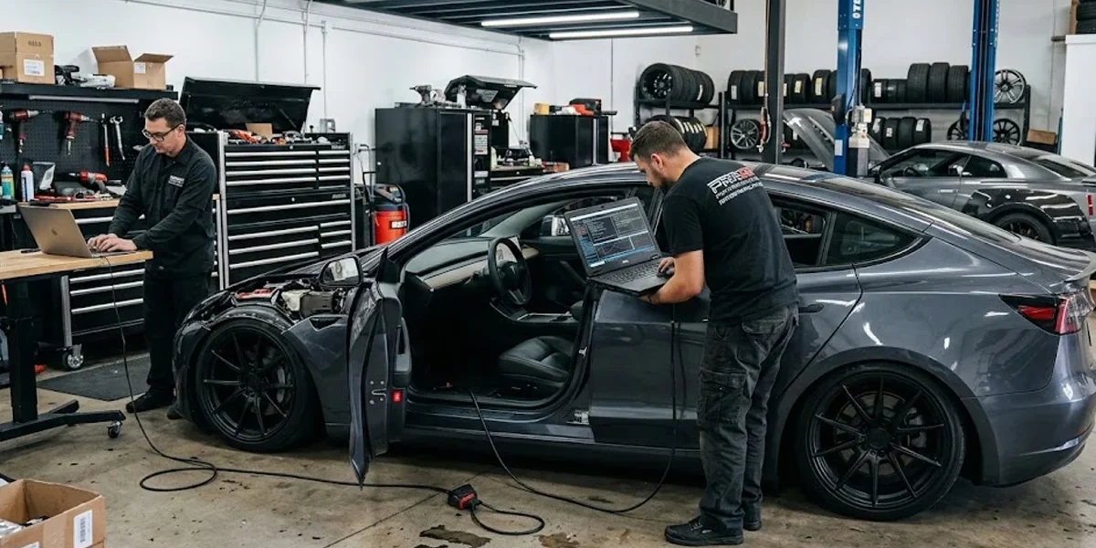 futuro-tuning-automotivo-carros-eletricos-performance Carro elétrico modificado em uma oficina de alta performance com laptops conectados para ajuste de software e suspensão a ar.