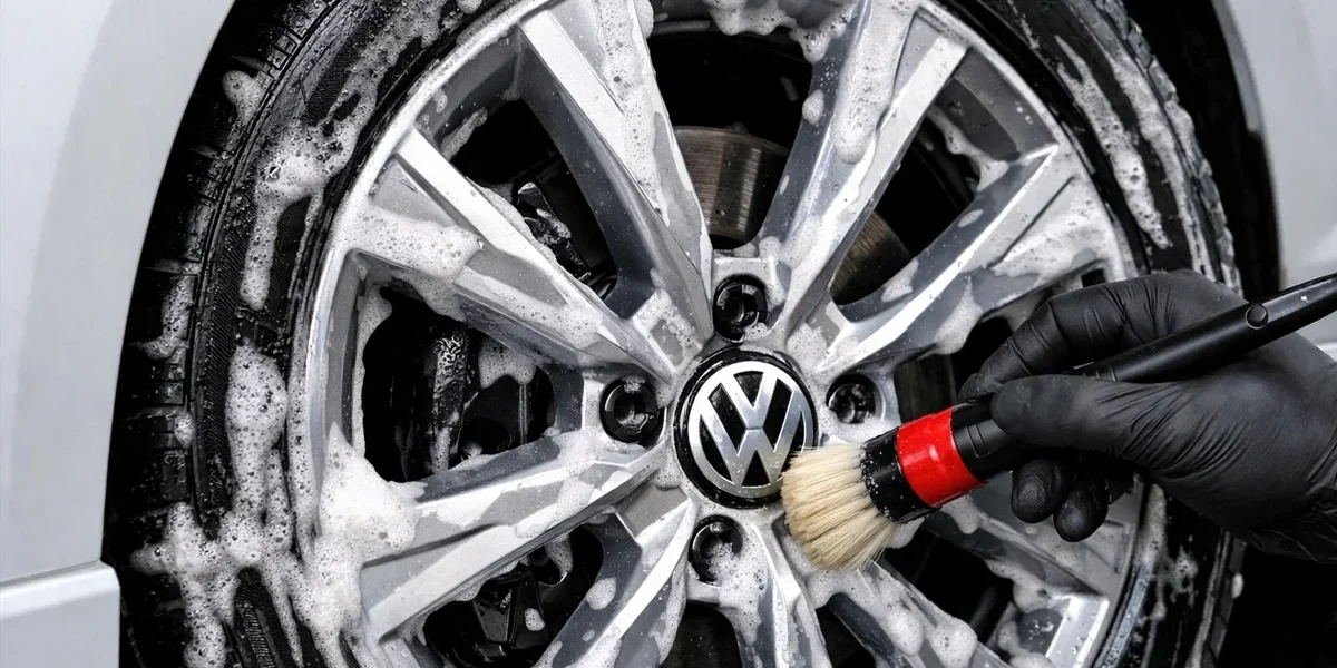 Profissional aplicando pincel de detalhamento em roda de liga leve com espuma de shampoo neutro para limpeza segura.
