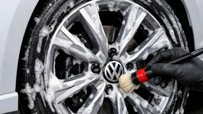 Profissional aplicando pincel de detalhamento em roda de liga leve com espuma de shampoo neutro para limpeza segura.