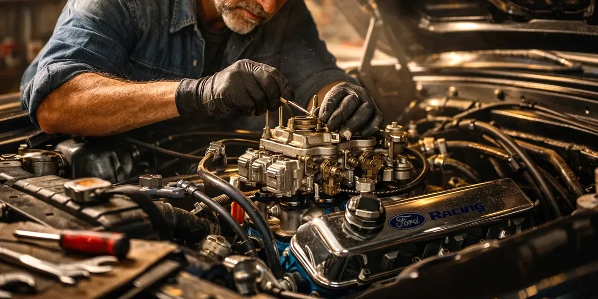 Proprietário de carro clássico realizando manutenção preventiva detalhada em motor carburado dentro de uma garagem iluminada.