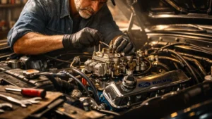Proprietário de carro clássico realizando manutenção preventiva detalhada em motor carburado dentro de uma garagem iluminada.