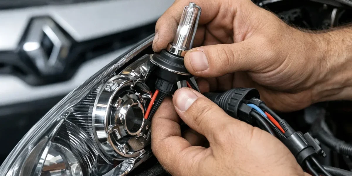 Mão de mecânico instalando lâmpada de LED em bloco óptico de carro, destacando a modernização do sistema de iluminação.