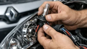 Mão de mecânico instalando lâmpada de LED em bloco óptico de carro, destacando a modernização do sistema de iluminação.