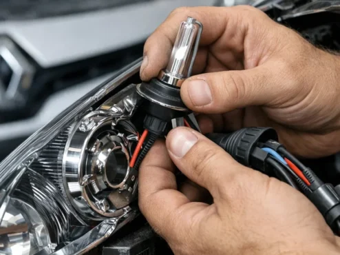 Mão de mecânico instalando lâmpada de LED em bloco óptico de carro, destacando a modernização do sistema de iluminação.