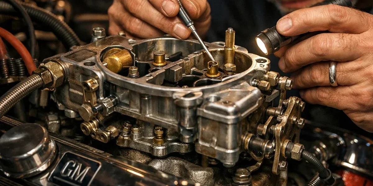 limpeza-tecnica-carburador-antigo-metodos-raiz Mecânico realizando ajuste fino em um carburador de corpo duplo em um motor clássico, destacando componentes internos.