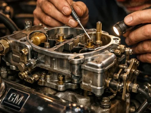 Mecânico realizando ajuste fino em um carburador de corpo duplo em um motor clássico, destacando componentes internos.