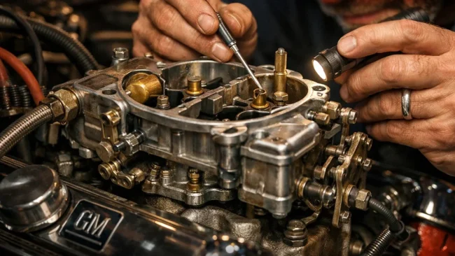 Mecânico realizando ajuste fino em um carburador de corpo duplo em um motor clássico, destacando componentes internos.