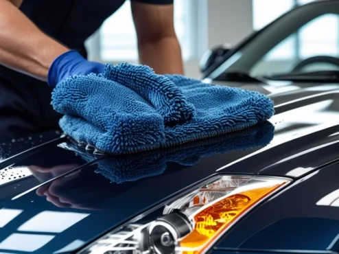 Especialista realizando limpeza detalhada em carro esportivo com luva de microfibra para preservação do verniz.