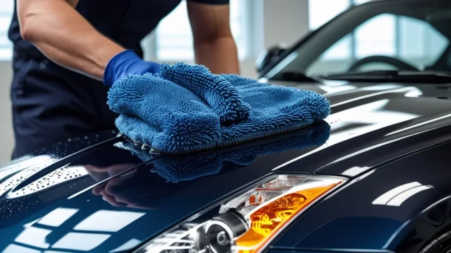 limpeza-tecnica-detalhamento-automotivo-performance Especialista realizando limpeza detalhada em carro esportivo com luva de microfibra para preservação do verniz.