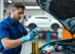 Mecânico verificando o nível de óleo do motor em um carro moderno durante uma revisão preventiva na oficina.