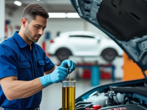 Mecânico verificando o nível de óleo do motor em um carro moderno durante uma revisão preventiva na oficina.