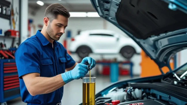 Mecânico verificando o nível de óleo do motor em um carro moderno durante uma revisão preventiva na oficina.