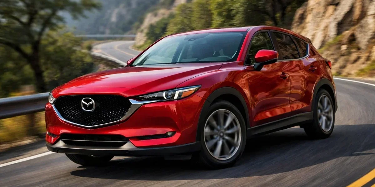 Mazda CX-5 em movimento destacando o design Kodo e rodas de liga leve em uma estrada sinuosa.