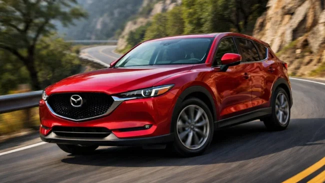 Mazda CX-5 em movimento destacando o design Kodo e rodas de liga leve em uma estrada sinuosa.