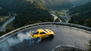 Mazda RX7 amarelo executando um drift perfeito em estrada sinuosa