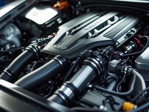 Vista detalhada de um cofre de motor limpo e revisado, simbolizando a precisão da manutenção preventiva em carros de performance.