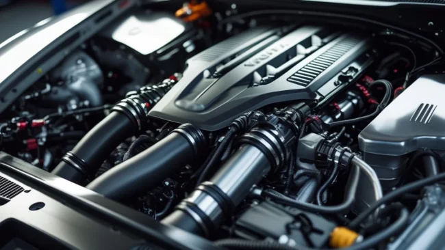 motor-performance-revisao-preventiva-oficina Vista detalhada de um cofre de motor limpo e revisado, simbolizando a precisão da manutenção preventiva em carros de performance.