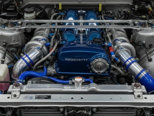 Motor RB26DETT em um Nissan Skyline GT-R, demonstrando a superengenharia da era JDM.