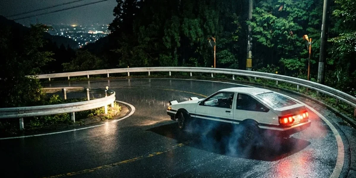origens-drift-corridas-ilegais-touge-japao Toyota AE86 branco fazendo drift em uma estrada sinuosa nas montanhas do Japão durante a noite.