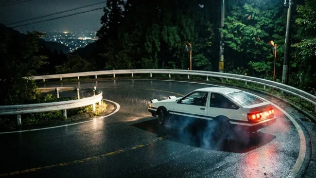 origens-drift-corridas-ilegais-touge-japao Toyota AE86 branco fazendo drift em uma estrada sinuosa nas montanhas do Japão durante a noite.
