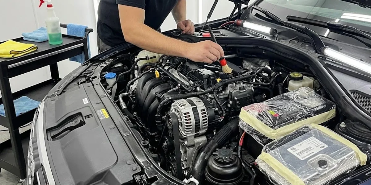 procedimento-limpeza-tecnica-motor-carro Profissional realizando detalhamento de cofre de motor com pincel e proteção em componentes eletrônicos.