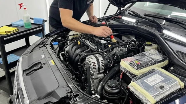 Profissional realizando detalhamento de cofre de motor com pincel e proteção em componentes eletrônicos.